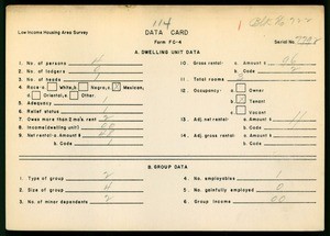 WPA Low income housing area survey data card 114, serial 7792