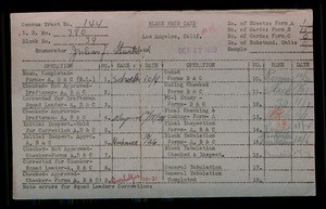 WPA block face card for household census of Corinth, Richland, Purdue Streets, in Los Angeles County