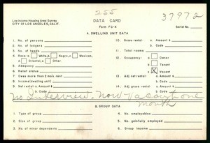 WPA Low income housing area survey data card 255, serial 37972, vacant