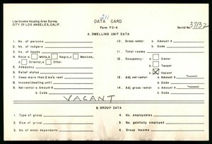 WPA Low income housing area survey data card 211, serial 37132, vacant