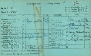 WPA block face card for household census (block 1001) in Los Angeles County