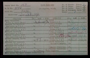 WPA block face card for household census of 109th, Stanford Streets, in Los Angeles County