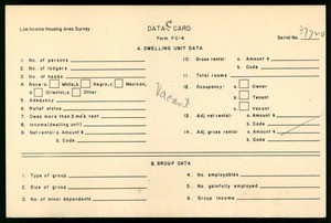 WPA Low income housing area survey data card 182, serial 37720, vacant