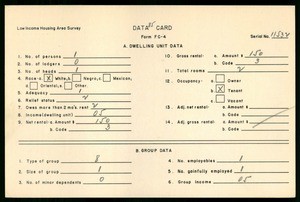 WPA Low income housing area survey data card 85, serial 11532