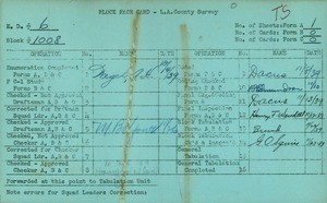 WPA block face card for household census (block 1008) in Los Angeles County