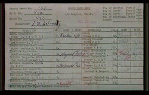 WPA block face card for household census of Colonial, Wasatch Streets, in Los Angeles County
