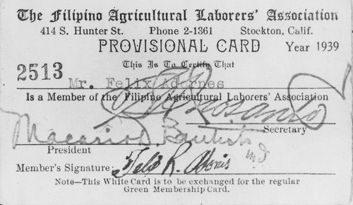 Filipino Agricultural Laborers Association membership card