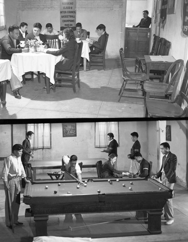 Students playing pool and socializing in room