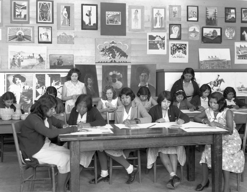 Students drawing in classroom