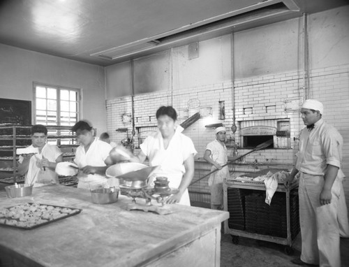 Students working in industrial kitchen