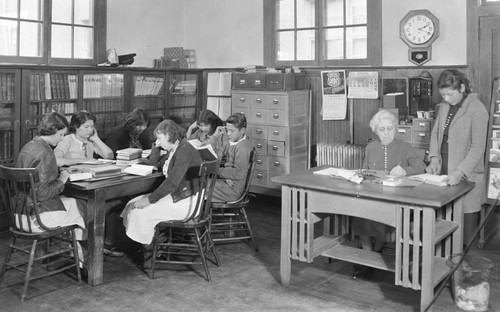 Students work in school library