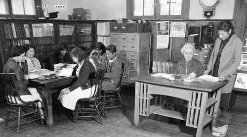 Students work in school library