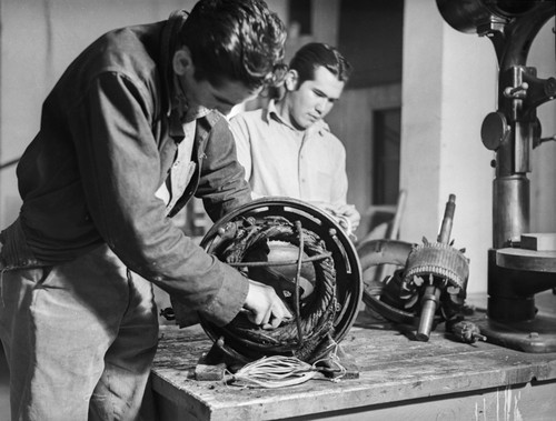 Students working on wiring in class