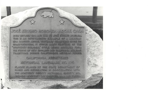 State Historical Monument plaque at the Boronda Adobe, near Salinas, California, Ph 121 ©1979 Billy Emery