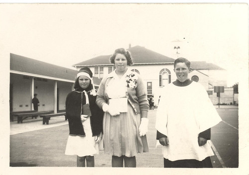 1. Anna Elkington and her brother and sister at Sacred Heart School, Salinas, California.; Ekington Photo 1, ©1945 Anna Elkington