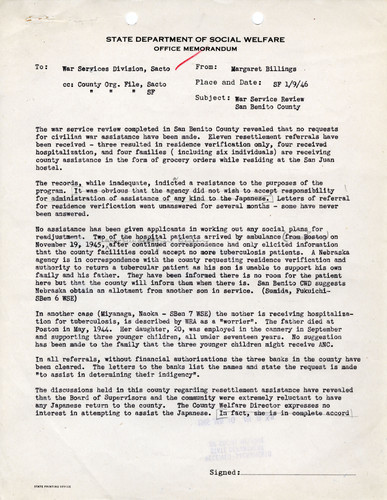 Memo on War Services Review in San Benito County