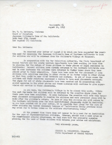 Correspondence on Closure of Manzanar Children's Village