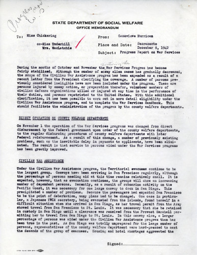 Memo on War Services Program during October and November