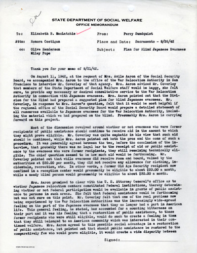 Memo on Assistance for the Blind