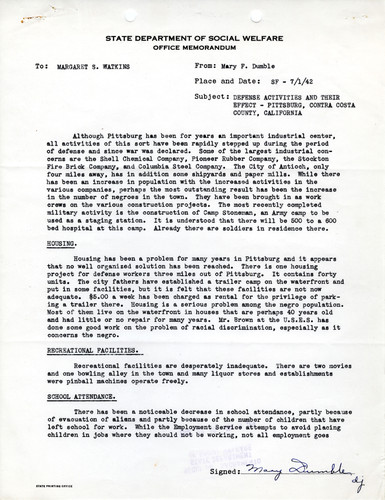 Memo on Pittsburg Defense Activities