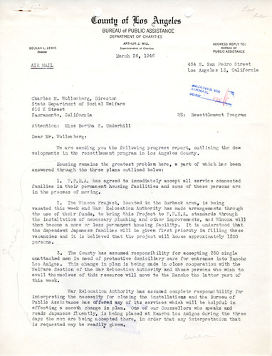Correspondence on Los Angeles County Resettlement Program