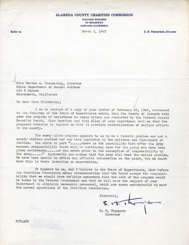 Correspondence on County Responsibility for Enemy Alien Program