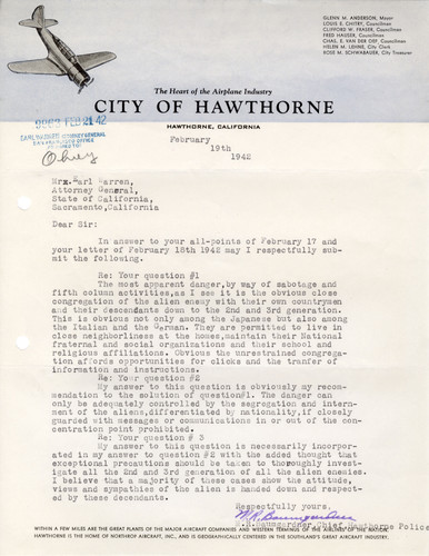 City of Hawthorne Response to Correspondence on Law Enforcement