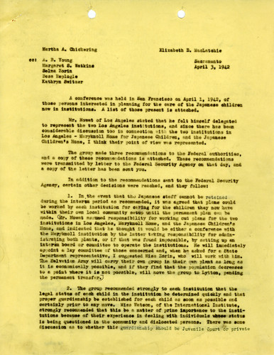 Correspondence on Recommendations for Children in Institutions