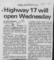 Highway 17 will open Wednesday