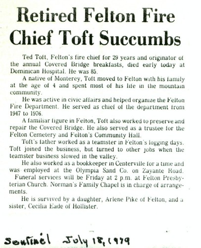 Retired Felton Fire Chief Toft Succumbs