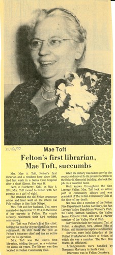 Felton's First Librarian, Mae Toft, Succumbs