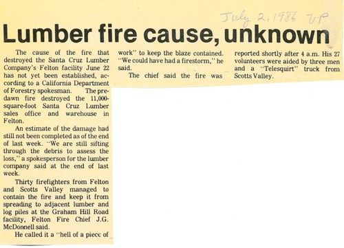 Lumber Fire Cause Unknown