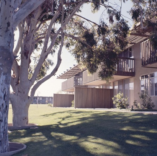 Residential Apartments, Phase One: exterior: back of one building showing balconies and patios