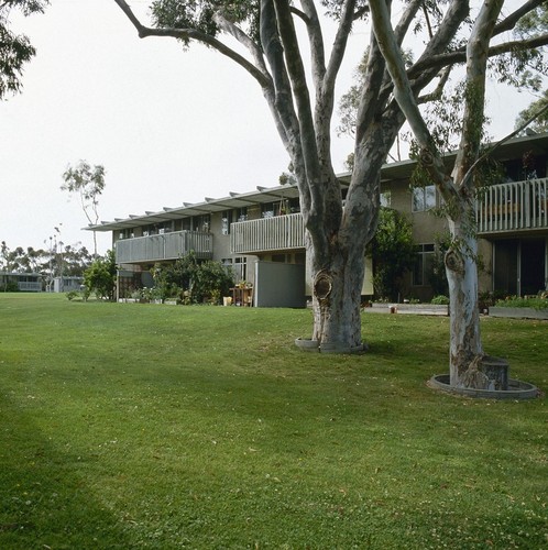 Residential Apartments, Phase One: exterior: back of one building showing balconies and patios