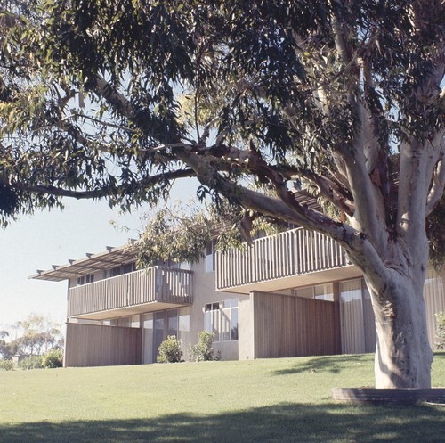 Residential Apartments, Phase One: exterior: back of one building showing balconies and patios