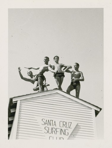 Dave "Count" Littlefield, Bob Gillies, James Alumbaugh, and Duane Polly at the Santa Cruz Surfing Clubhouse, Cowell Beach