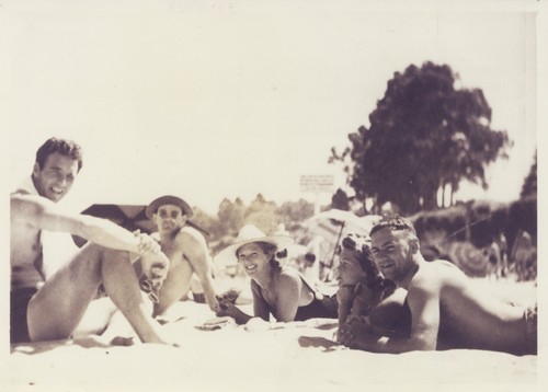 Alex Hokamp, P. B. "Smitty" Smith, Nellie Patterson, Shirley Templeman, E. J. Oshier at Cowell Beach