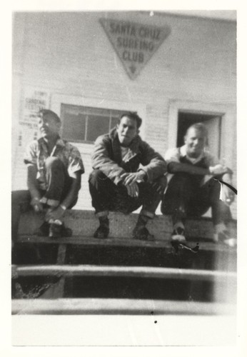 Ed Smith, Harry Mayo, Dave "Count" Littlefield on deck of clubhouse