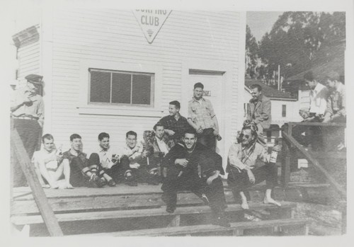 Clubhouse New Year's Day 1941. L. to R. Levy & Dibble (naval aviators), Dave Ledyard, Bill Wilder, Ernest "Duane" Polly, Ted Schultz, Blake Turner, Bill Lidderdale, James Henniger, Sonny MacGregor, Bob Rittenhouse front- Harry Mayo, Gates (naval aviator)