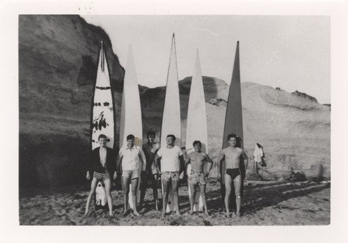 San Jose State 406 Boys: Bob "Ilio Dog" Campbell, Forbes Mack, unidentified surfer, Wes Hammond (Kukai), Claude Horan "Duke", Dick Savage (Malahini - new comer)