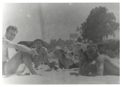 Alex Hokamp, Charley Frans, Nellie Patterson, Shirley Templeman, E. J. Oshier at Cowell Beach