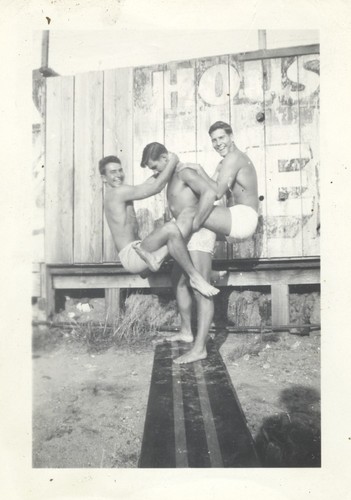 Harry Mayo, Bob Rittenhouse, Terrence Hickey acrobatics at Cowell Beach