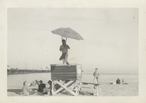 James Alumbaugh on lifeguard stand at Cowell Beach