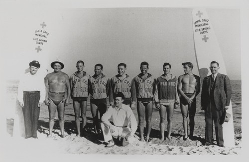 Santa Cruz Municipal Life Saving Corps: Malio Stagnaro, Joe Hans, Les Eisley, Ernie Kiff, Delburt Colclough, Don Patterson, Don McNair [?], Lloyd Ragon, Al Huntsman, Skip Littlefield