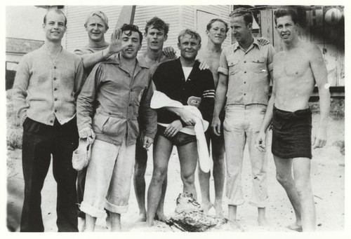 Ray, Dutch, Horan, Hepler, Windsor, Ragon, Adams, Andy, board house in background. All SJ State. At Cowell Beach