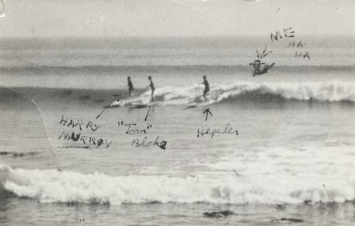 Harry Murray, "Tom" Blake, Hepler at Cowell Beach