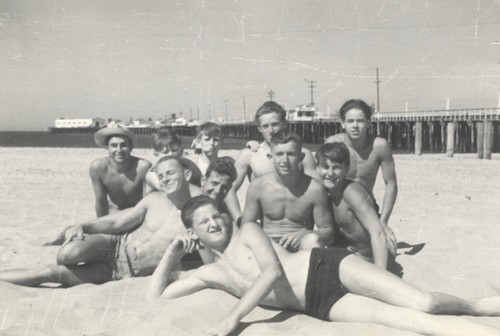 Rear- Harry Mayo, Jasper Ayers, unidentified surfer, Lloyd Ragon, James Alumbaugh. middle-Dave "Count" Littlefield, Don Patterson, Bob Gillies, Harry Murray. Front- Bill Lidderdale at Cowell Beach