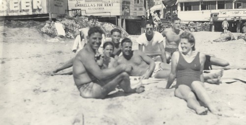 Don Patterson, James Alumbaugh, Duane Polly, Alex Hokamp, unidentified, Jack Moore, Nellie Patterson at Cowell Beach