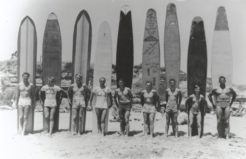 Alex Hokamp, Rich Thompson, Fred Hunt, Dave Steward, Alex Pedemonte, Tommy Roussel, Blake Turner, Harry Murray, Don Patterson at Cowell Beach