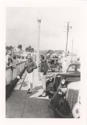 Fred Hunt, E. J. Oshier, Jeep Allen at Cowell's parking lot next to horseshoe pit, court, and clubhouse